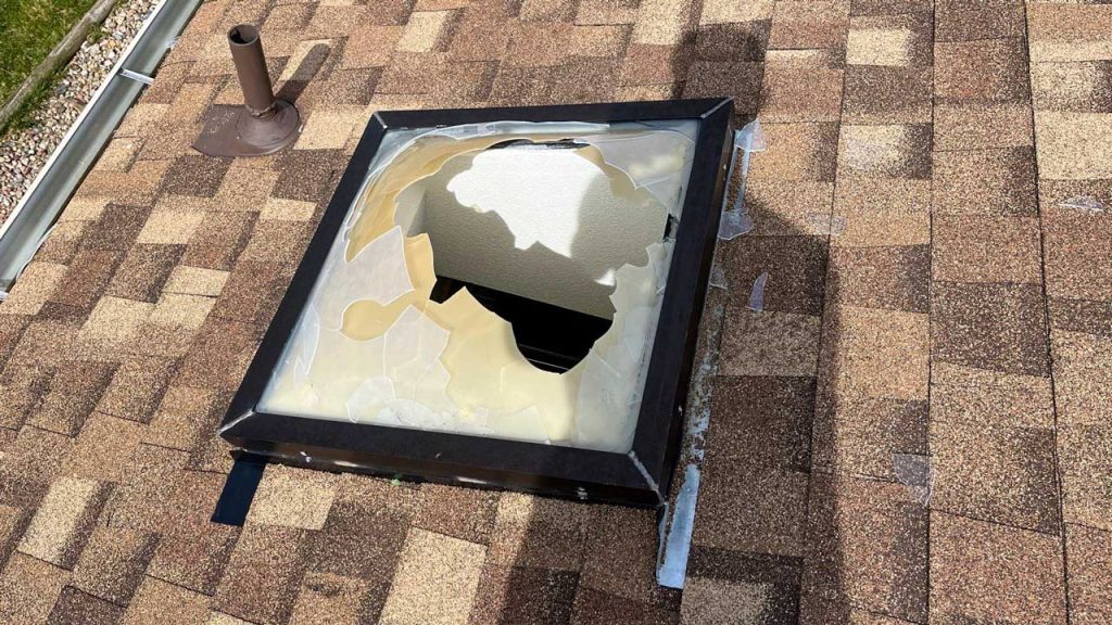 An image showing a hail damaged skylight.