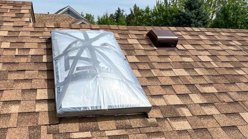 An image showing a hail damaged skylight after an emergency cover.