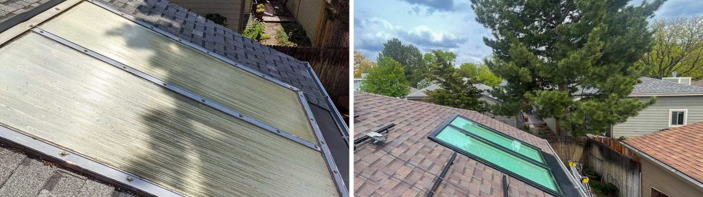 Hail Damaged Custom Skylight and the Solution.