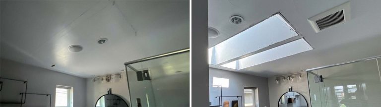 Before and after images of the skylight installation,