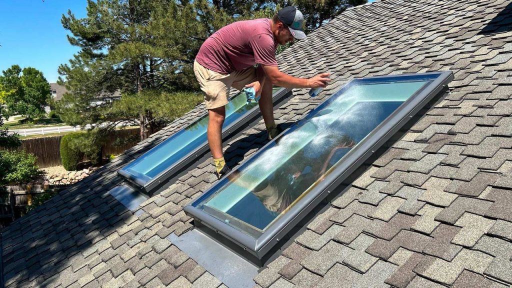 Cleaning the skylight is the last step on the roof.