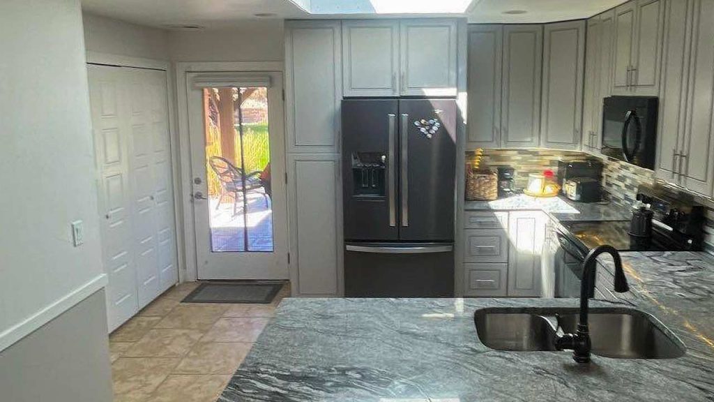 A view of the kitchen after the skylight installation.