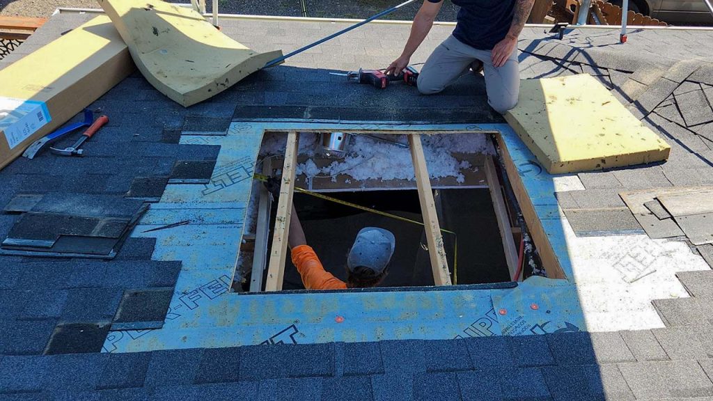 An image showing the opening cut into the roof deck.