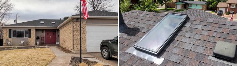 One image of the home and one image of the new skylight on the roof.