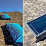 An image showing three covered skylights and an image of one new skylight replacement.