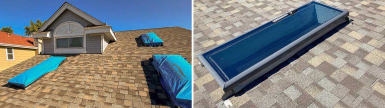 An image showing three covered skylights and an image of one new skylight replacement.