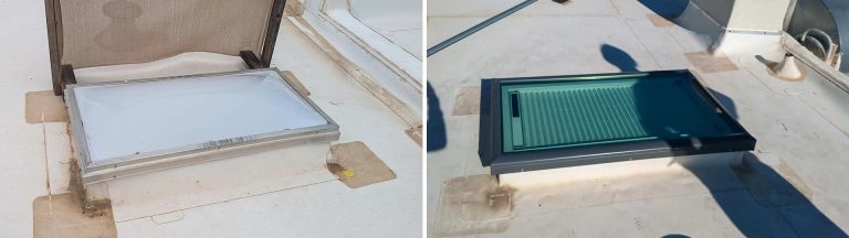 A before and after image of the skylights.