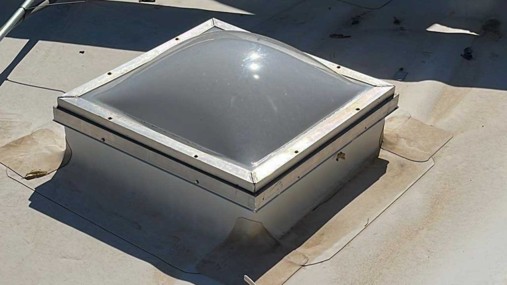 An image of one of the 2 foot by 2 foot dome skylight on the roof.