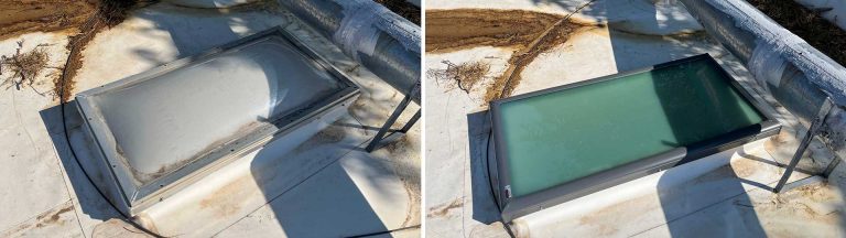 A before and after image of a skylight replacement.