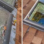 A before and after image of the broken skylight and the replacement.