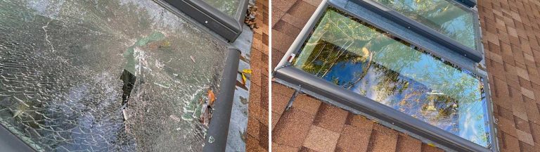 A before and after image of the broken skylight and the replacement.