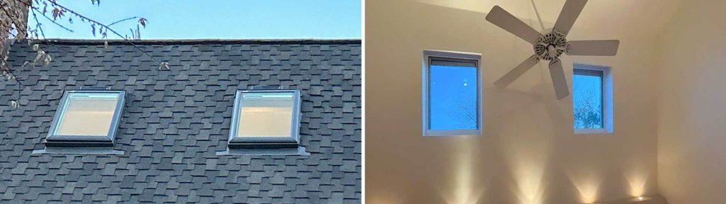 An image of the two new skylights on the roof with an image from the interior.