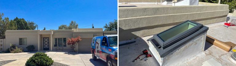 An image of the street view of the home and the replacement skylight on the roof.