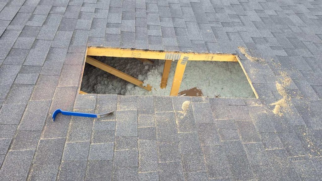 The hole in the roof for the skylight.