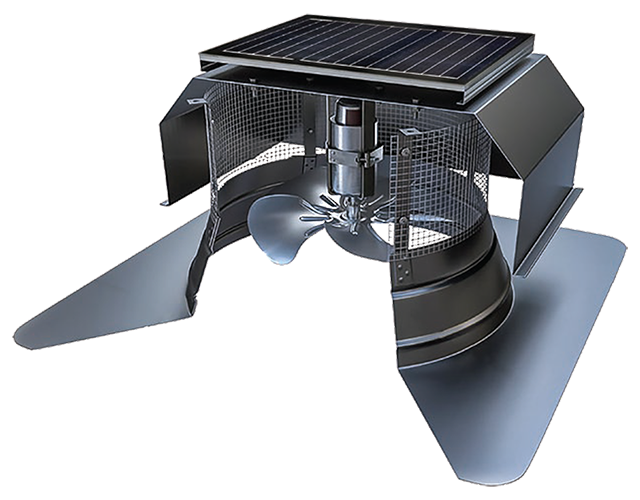 Attic Breeze SOLAR ATTIC FAN featuring a metal base and solar power, ideal for enhancing attic airflow.