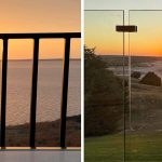 Two images of a sunset over a lake. The left shows a view with a metal railing, while the right captures a landscape through a clear glass railing.
