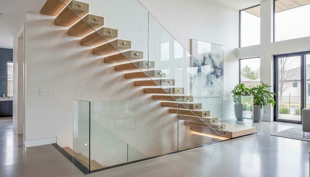 A modern interior with a floating wooden staircase and glass railing. Large windows fill the space with light. Potted plants add a touch of greenery.