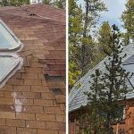 Side-by-side images of two geodesic dome roofs with triangular skylights. One roof has worn, translucent panels; the other features sleek, mirrored panels. Surrounded by tall evergreen trees, the scene conveys a blend of rustic and modern architectural styles.