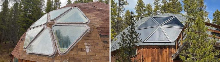 Side-by-side images of two geodesic dome roofs with triangular skylights. One roof has worn, translucent panels; the other features sleek, mirrored panels. Surrounded by tall evergreen trees, the scene conveys a blend of rustic and modern architectural styles.