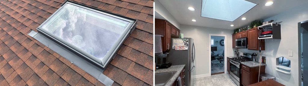 The image shows a two-part comparison: a skylight installed on a brown shingle rooftop and an interior kitchen view with a skylight, brightening the space.