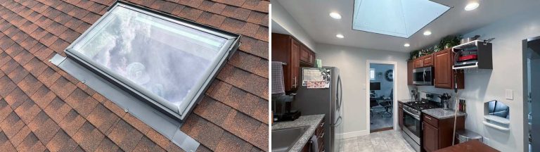 The image shows a two-part comparison: a skylight installed on a brown shingle rooftop and an interior kitchen view with a skylight, brightening the space.