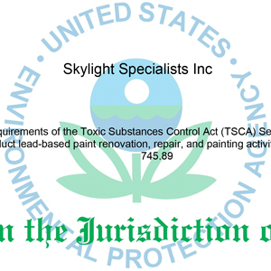 Thumbnail of EPA Lead-Safe Certification – click to view full certificate for Skylight Specialists Inc.