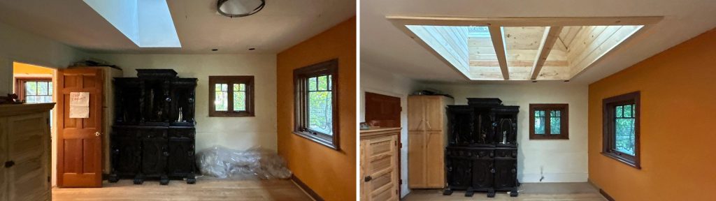 Side-by-side comparison showing a room before and after installing VELUX FCM 3030 skylights above a natural wood-plank ceiling shaft.